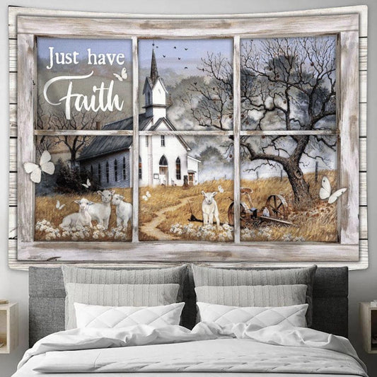 Just Have Faith, White Church, Sheep, Butterfly, Countryside Tapestry, Tapestries for Living Room Bedroom