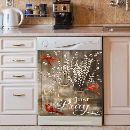Just Pray Red Cardinal Candle God Dishwasher Cover, Christian Dishwasher Wrap, Bible Verse Kitchen Decoration