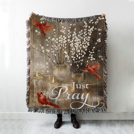 Just Pray Red Cardinal Candle God Woven Blanket Prints - Christian Boho Blanket - Bible Verse Woven Blanket Art
