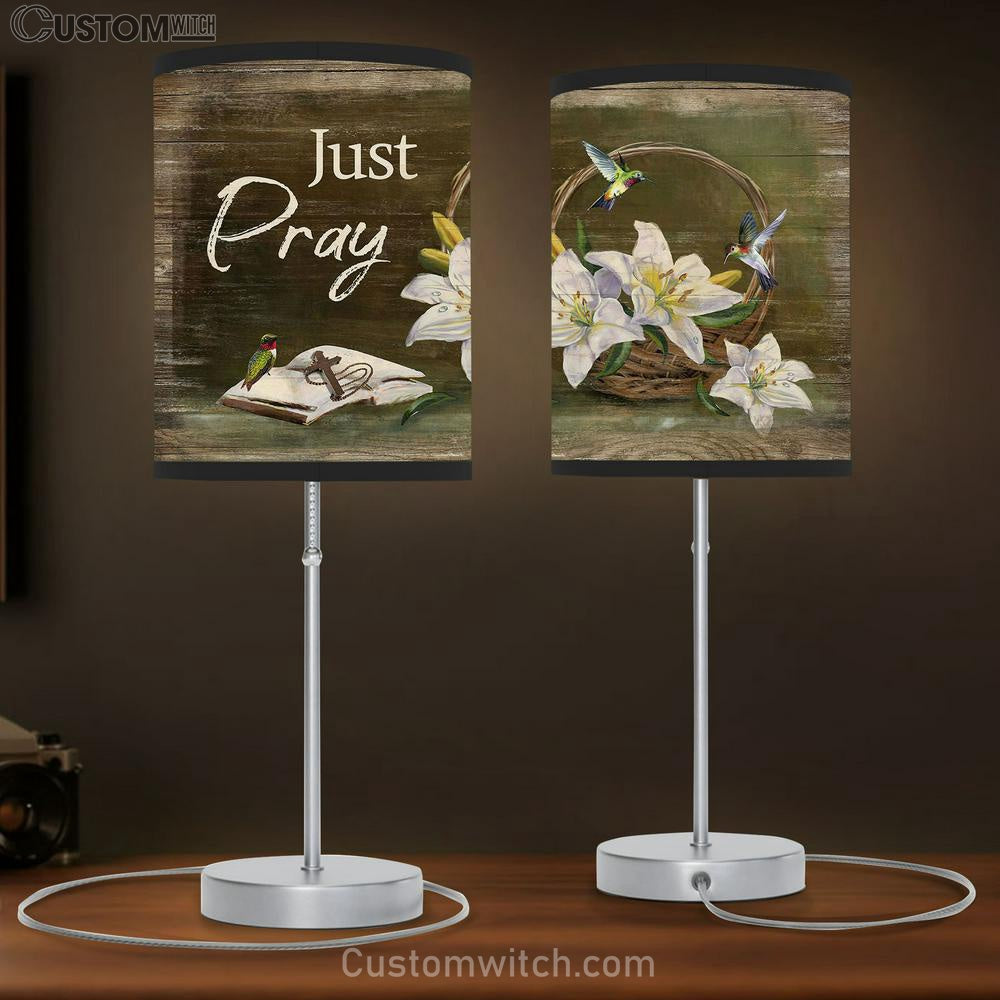 Just Pray White Lily Bible Hummingbirds Table Lamb Art - Bible Verse Lamb Gift - Christian Bedroom Decor