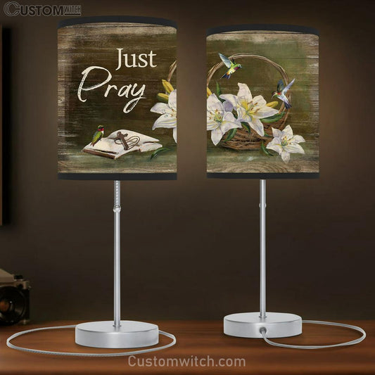 Just Pray White Lily Bible Hummingbirds Table Lamb Art - Bible Verse Lamb Gift - Christian Bedroom Decor