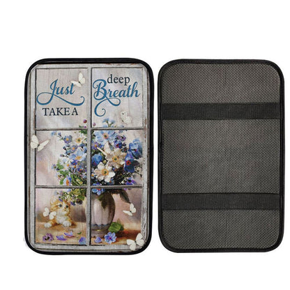 Just Take A Deep Breath Flower Butterfly Cat Car Center Console Cover, Religious Car Interior Accessories