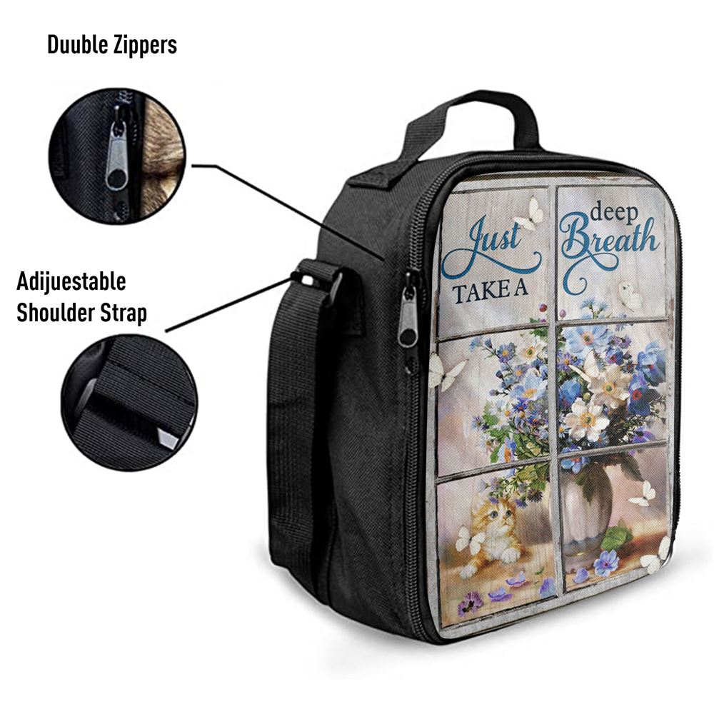 Just Take A Deep Breath Flower Butterfly Cat Lunch Bag, Christian Lunch Box For School, Picnic