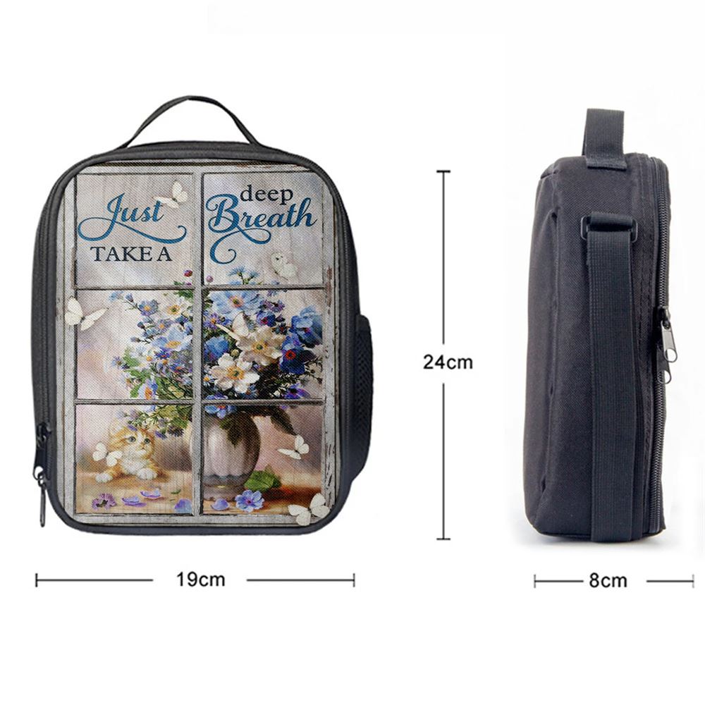 Just Take A Deep Breath Flower Butterfly Cat Lunch Bag, Christian Lunch Box For School, Picnic
