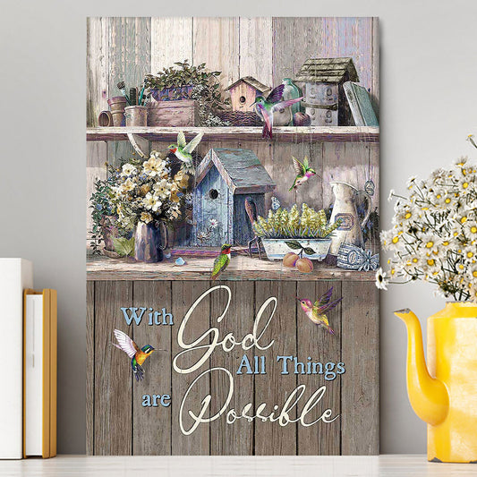 Kitchen Flowers Hummingbird With God All Things Are Possible Canvas Art - Christian Art - Bible Verse Wall Art - Religious Home Decor