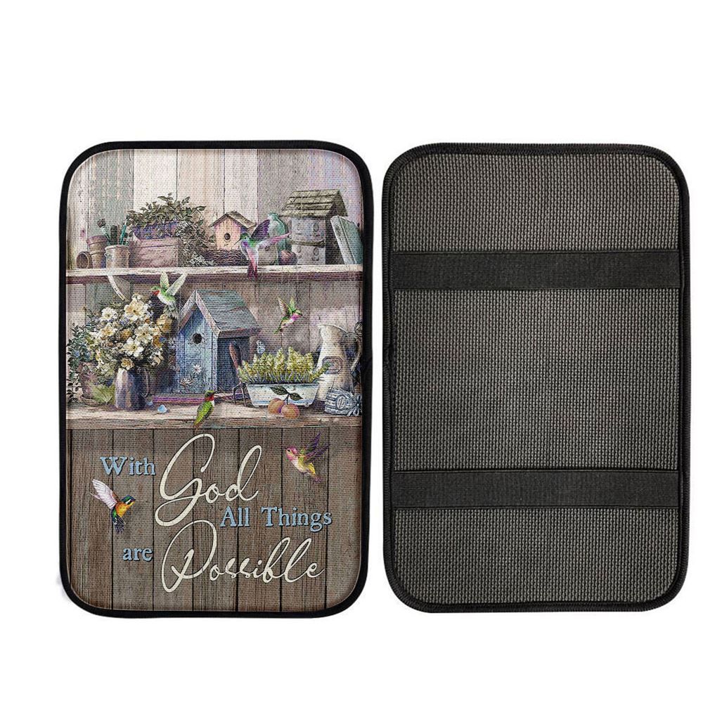 Kitchen Flowers Hummingbird With God All Things Are Possible Car Center Console Cover, Religious Car Interior Accessories