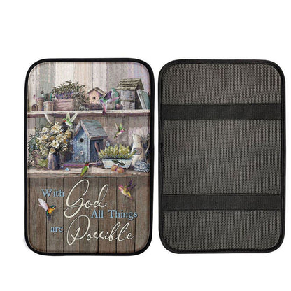 Kitchen Flowers Hummingbird With God All Things Are Possible Car Center Console Cover, Religious Car Interior Accessories