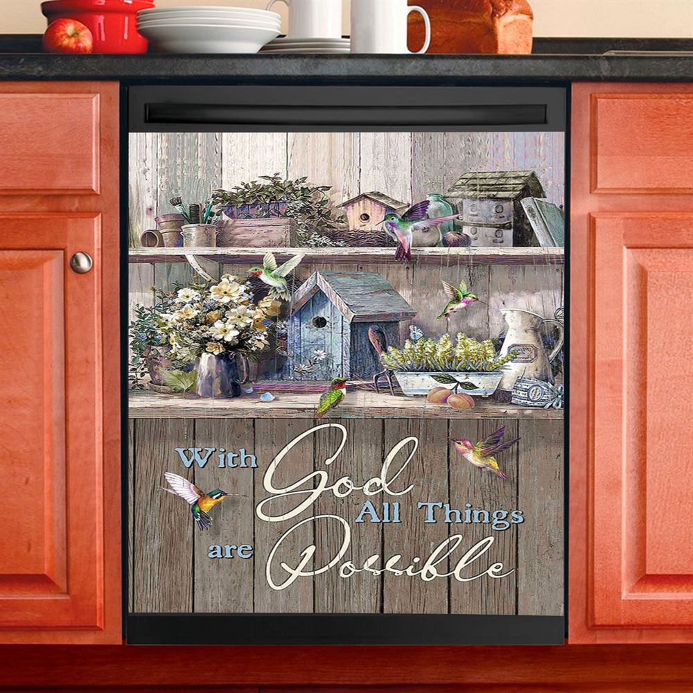Kitchen Flowers Hummingbird With God All Things Are Possible Dishwasher Cover, Christian Dishwasher Wrap, Bible Verse Kitchen Decoration