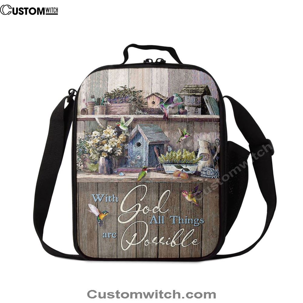 Kitchen Flowers Hummingbird With God All Things Are Possible Lunch Bag, Christian Lunch Box For School, Picnic