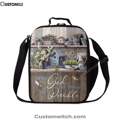Kitchen Flowers Hummingbird With God All Things Are Possible Lunch Bag, Christian Lunch Box For School, Picnic