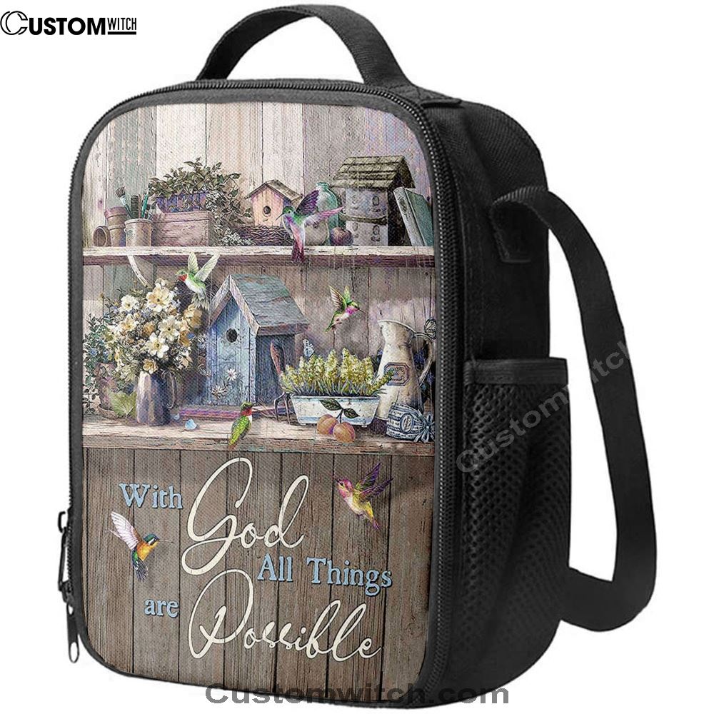 Kitchen Flowers Hummingbird With God All Things Are Possible Lunch Bag, Christian Lunch Box For School, Picnic