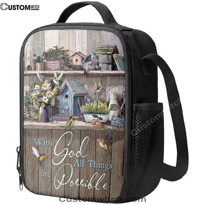 Kitchen Flowers Hummingbird With God All Things Are Possible Lunch Bag, Christian Lunch Box For School, Picnic