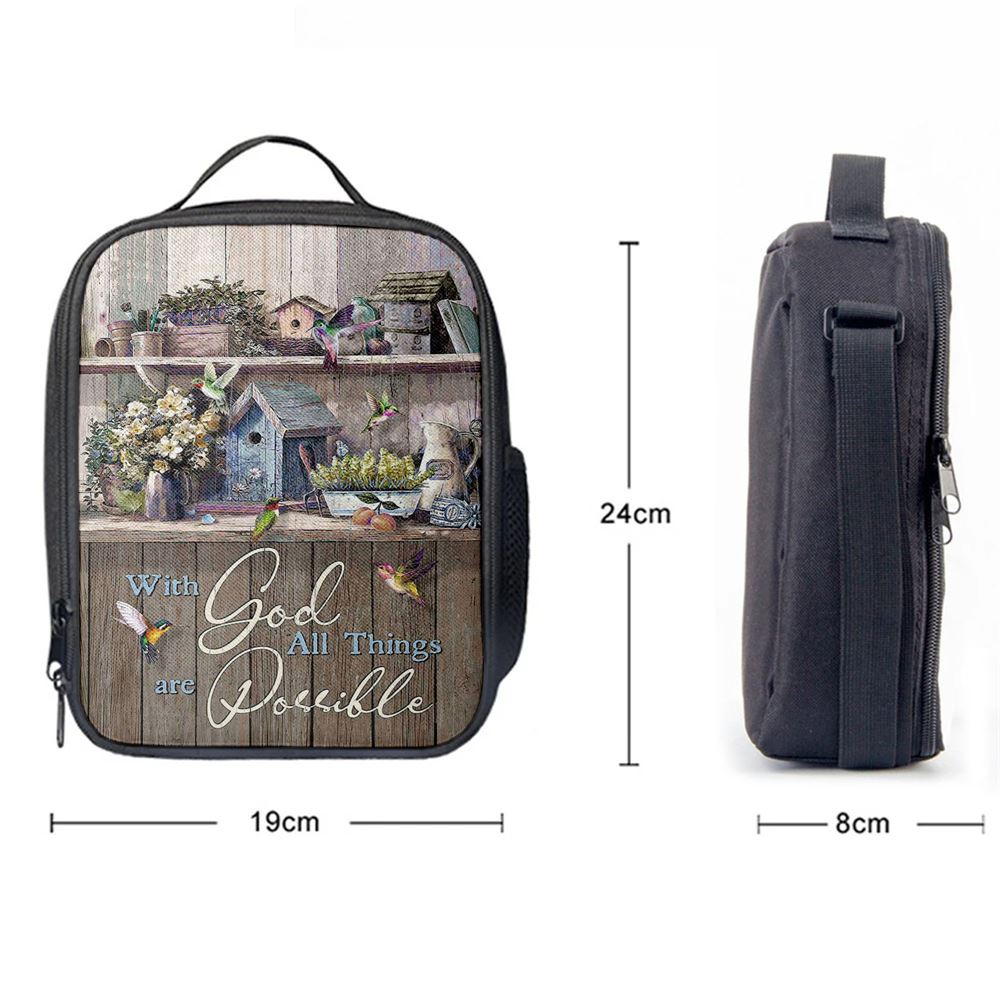 Kitchen Flowers Hummingbird With God All Things Are Possible Lunch Bag, Christian Lunch Box For School, Picnic