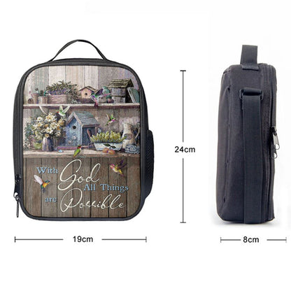 Kitchen Flowers Hummingbird With God All Things Are Possible Lunch Bag, Christian Lunch Box For School, Picnic