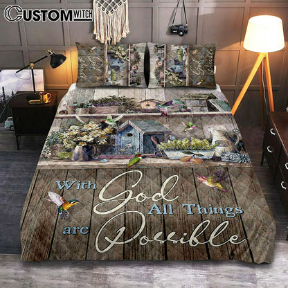 Kitchen Flowers Hummingbird With God All Things Are Possible Quilt Bedding Set Art - Christian Art - Bible Verse Bedroom - Religious Home Decor