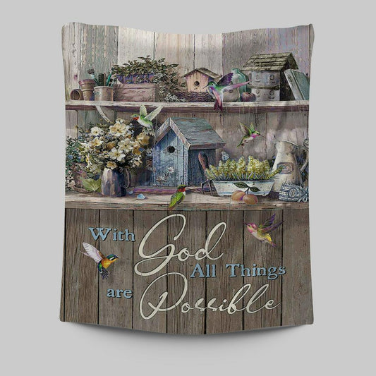 Kitchen Flowers Hummingbird With God All Things Are Possible Tapestry Art - Christian Art - Bible Verse Wall Art - Religious Home Decor