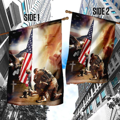 Kneel Before Jesus And Soldier's Cross House Flags, Christian Flag, Scripture Flag, Garden Banner