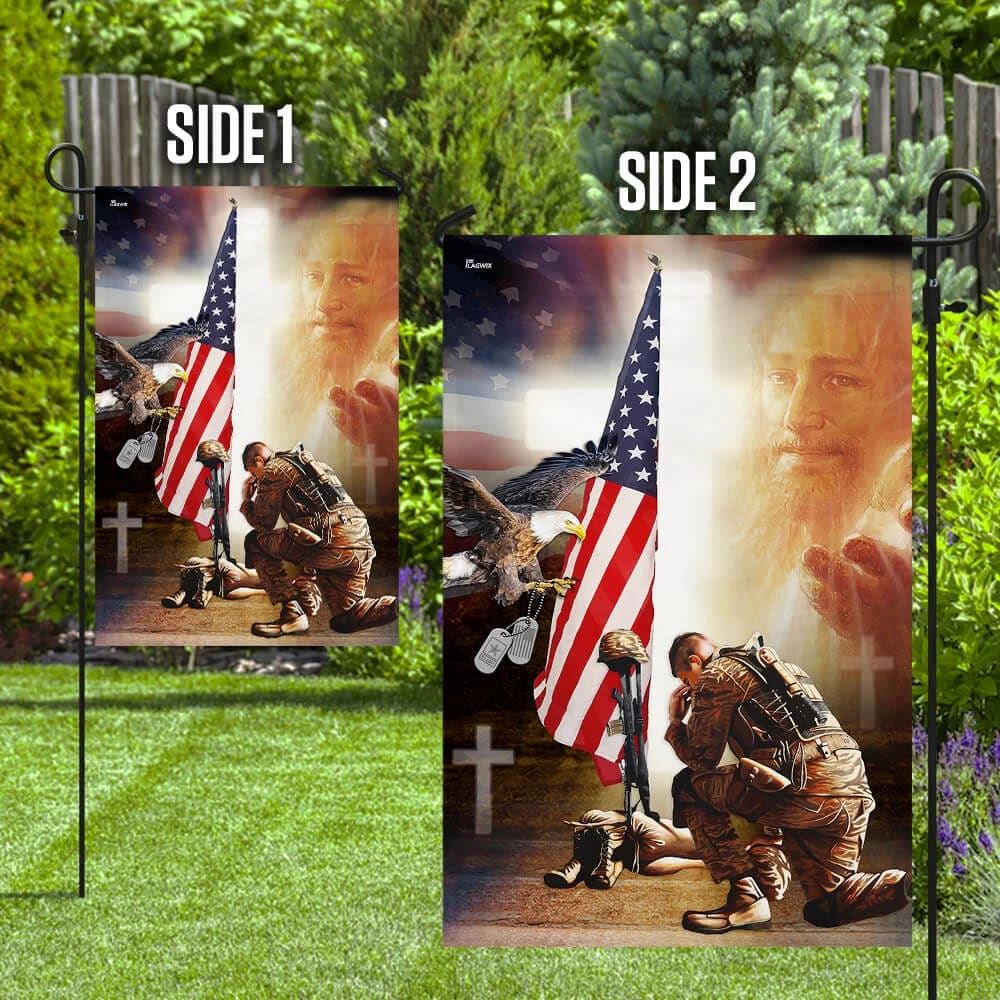 Kneel Before Jesus And Soldier's Cross House Flags, Christian Flag, Scripture Flag, Garden Banner