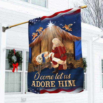 Kneeling Santa Flag O Come Let Us Adore Him Flag, Christian Christmas House Flag, Christmas Outdoor Decor Ideas