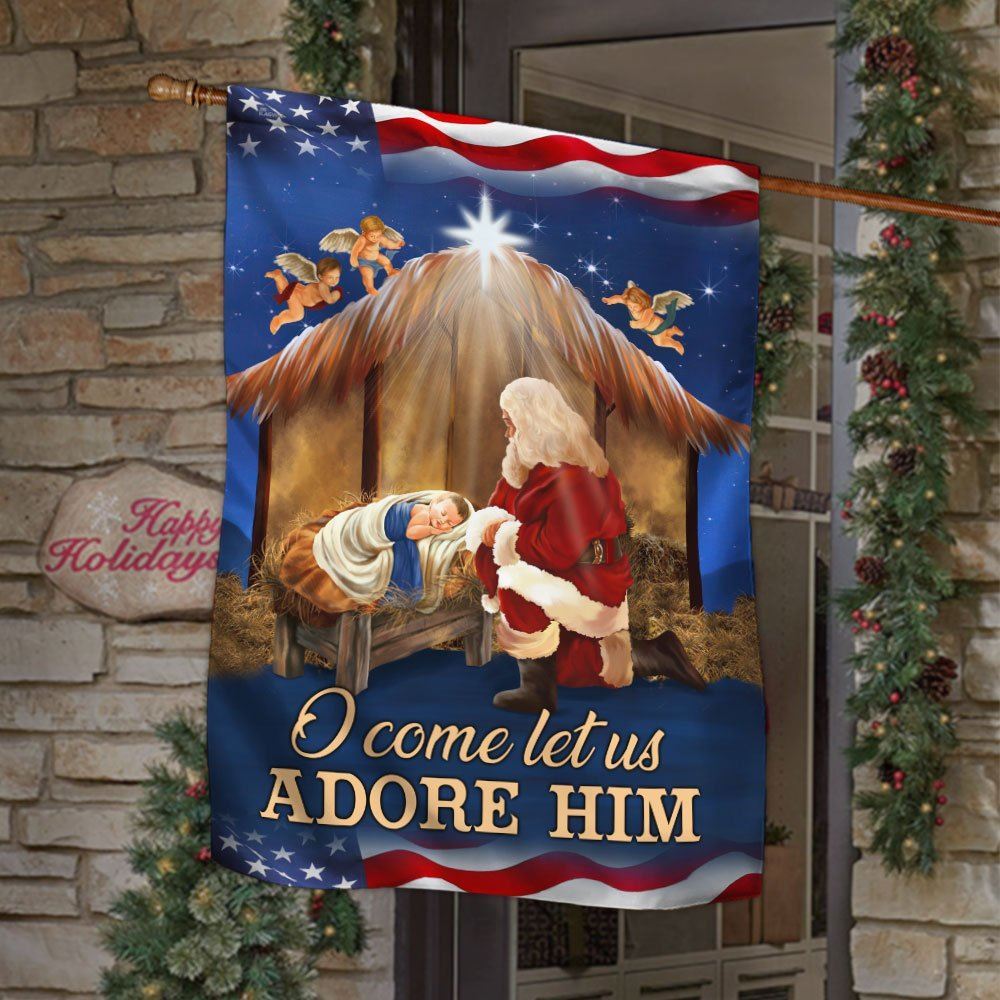 Kneeling Santa Flag O Come Let Us Adore Him Flag, Christian Christmas House Flag, Christmas Outdoor Decor Ideas
