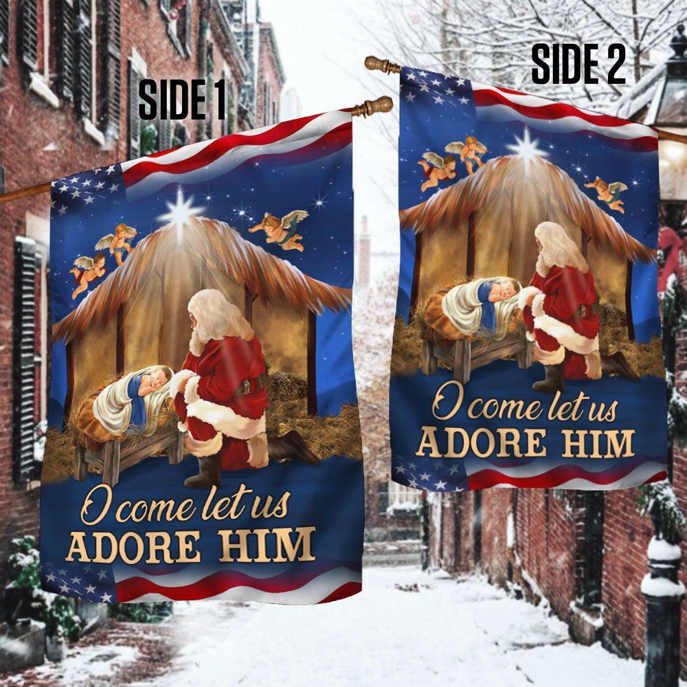 Kneeling Santa Flag O Come Let Us Adore Him Flag, Christian Christmas House Flag, Christmas Outdoor Decor Ideas