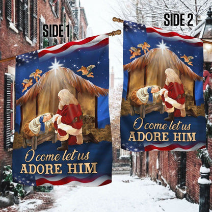 Kneeling Santa Flag O Come Let Us Adore Him Flag, Christian Christmas House Flag, Christmas Outdoor Decor Ideas