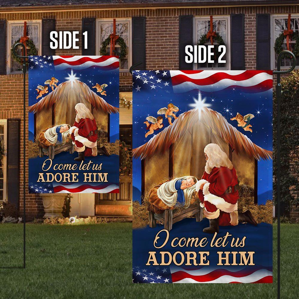 Kneeling Santa Flag O Come Let Us Adore Him Flag, Christian Christmas House Flag, Christmas Outdoor Decor Ideas