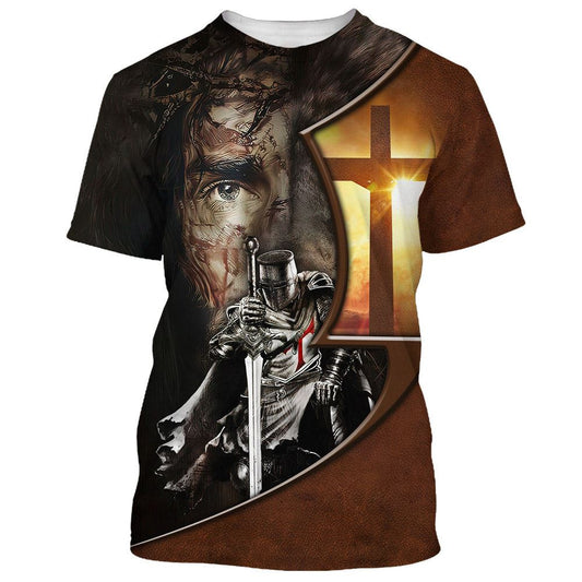 Knight Kneel In Front Of Lion Jesus Christ Warrior All Over Print 3D T Shirt For Men And Women, Christian T-Shirt, Faith Shirt