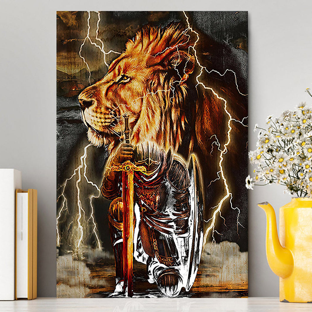 Knight Kneel In Front Of Lion Jesus Christ Warrior Canvas Wall Art - Christian Home Decor - Religious Art