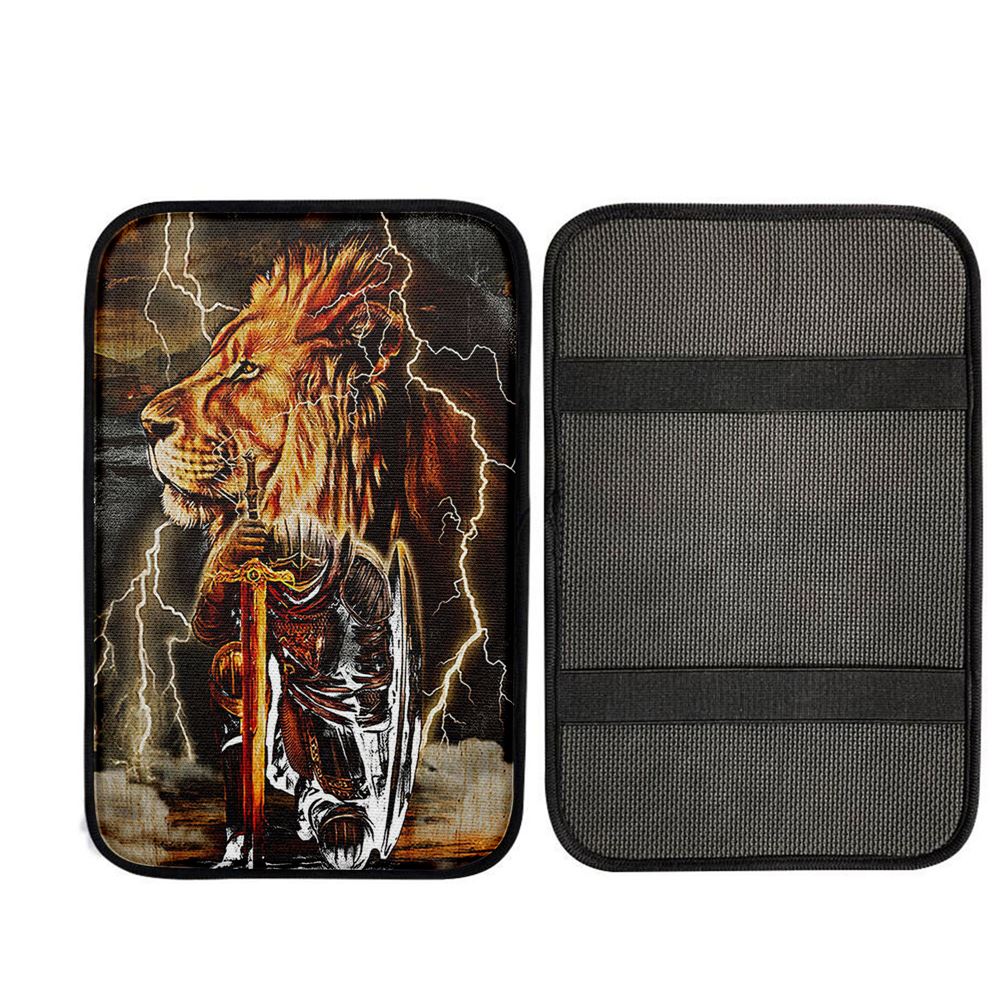 Knight Kneel In Front Of Lion Jesus Christ Warrior Car Center Console Cover, Religious Car Interior Accessories