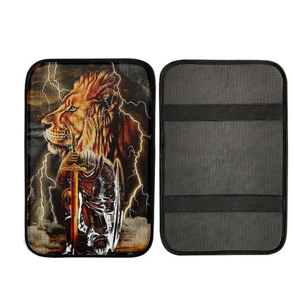 Knight Kneel In Front Of Lion Jesus Christ Warrior Car Center Console Cover, Religious Car Interior Accessories