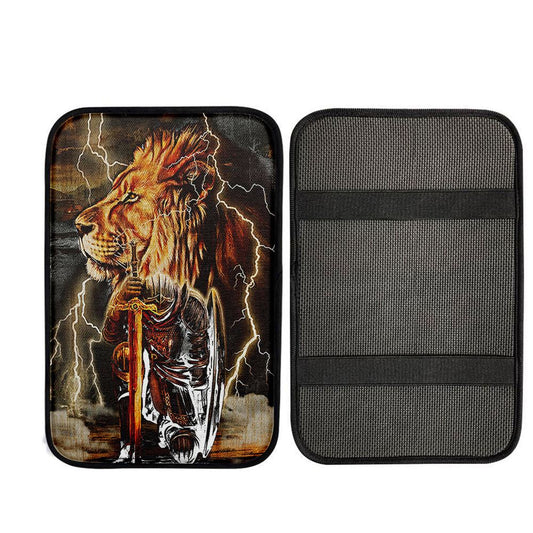 Knight Kneel In Front Of Lion Jesus Christ Warrior Car Center Console Cover, Religious Car Interior Accessories
