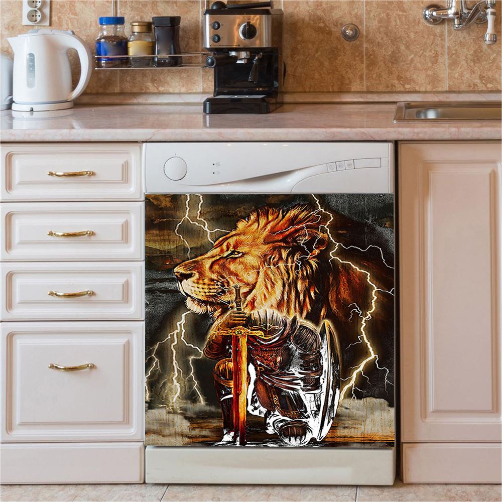 Knight Kneel In Front Of Lion Jesus Christ Warrior Dishwasher Cover, Christian Dishwasher Wrap, Religious Kitchen Decoration