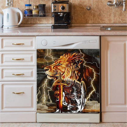 Knight Kneel In Front Of Lion Jesus Christ Warrior Dishwasher Cover, Christian Dishwasher Wrap, Religious Kitchen Decoration