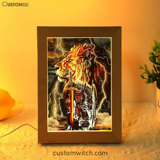 Knight Kneel In Front Of Lion Jesus Christ Warrior Frame Lamp Art - Christian Home Decor - Religious Art
