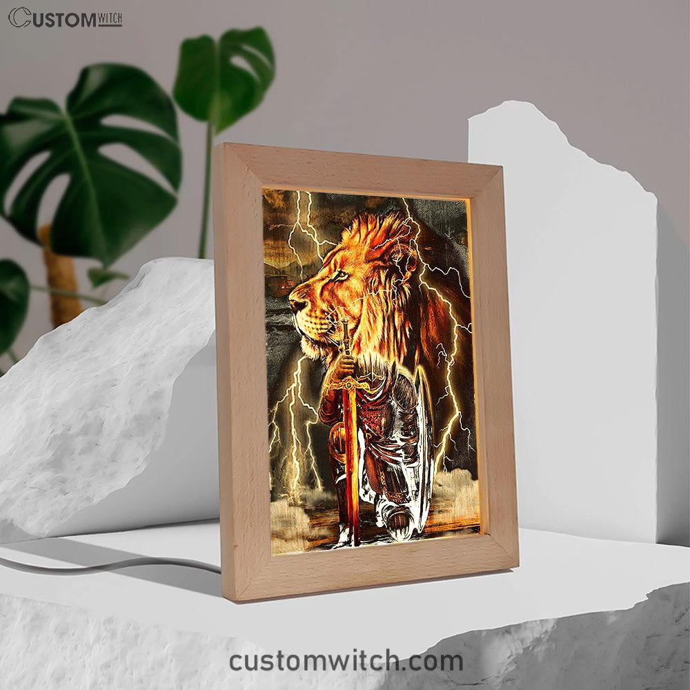 Knight Kneel In Front Of Lion Jesus Christ Warrior Frame Lamp Art - Christian Home Decor - Religious Art