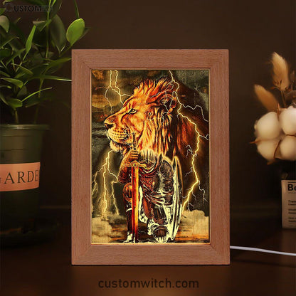 Knight Kneel In Front Of Lion Jesus Christ Warrior Frame Lamp Art - Christian Home Decor - Religious Art
