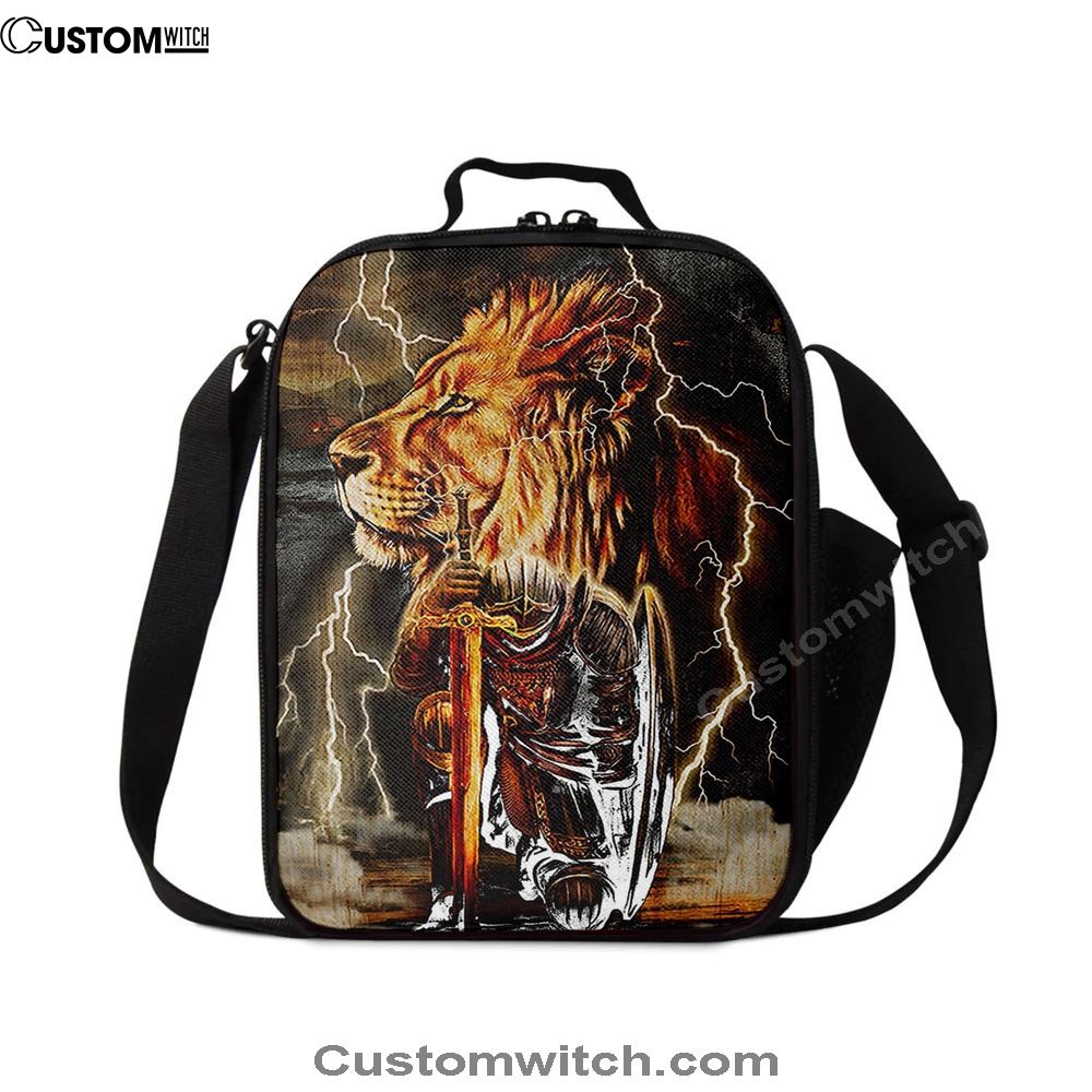 Knight Kneel In Front Of Lion Jesus Christ Warrior Lunch Bag - Religious Art, Christian Lunch Box For School, Picnic