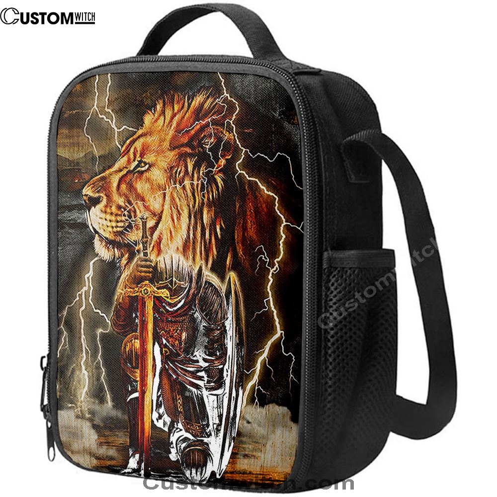 Knight Kneel In Front Of Lion Jesus Christ Warrior Lunch Bag - Religious Art, Christian Lunch Box For School, Picnic