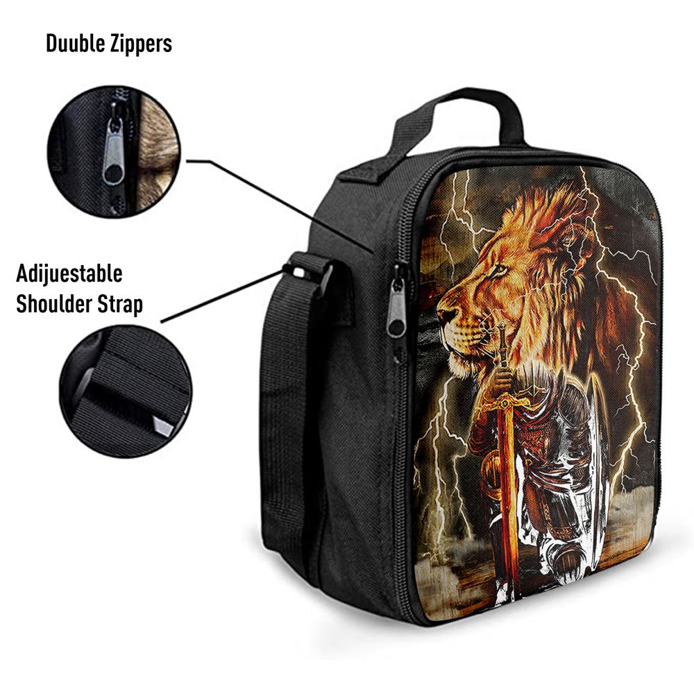 Knight Kneel In Front Of Lion Jesus Christ Warrior Lunch Bag - Religious Art, Christian Lunch Box For School, Picnic