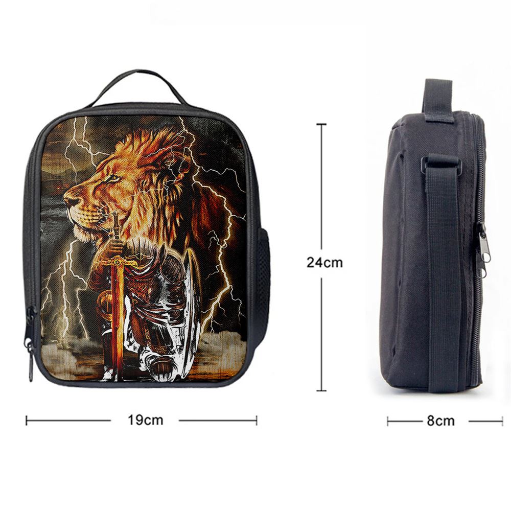 Knight Kneel In Front Of Lion Jesus Christ Warrior Lunch Bag - Religious Art, Christian Lunch Box For School, Picnic
