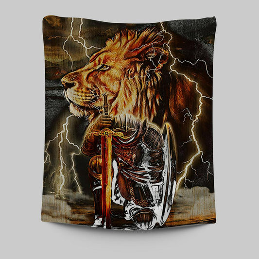 Knight Kneel In Front Of Lion Jesus Christ Warrior Tapestry Wall Art -  Christian Indoor Wall Tapestries - Religious Art