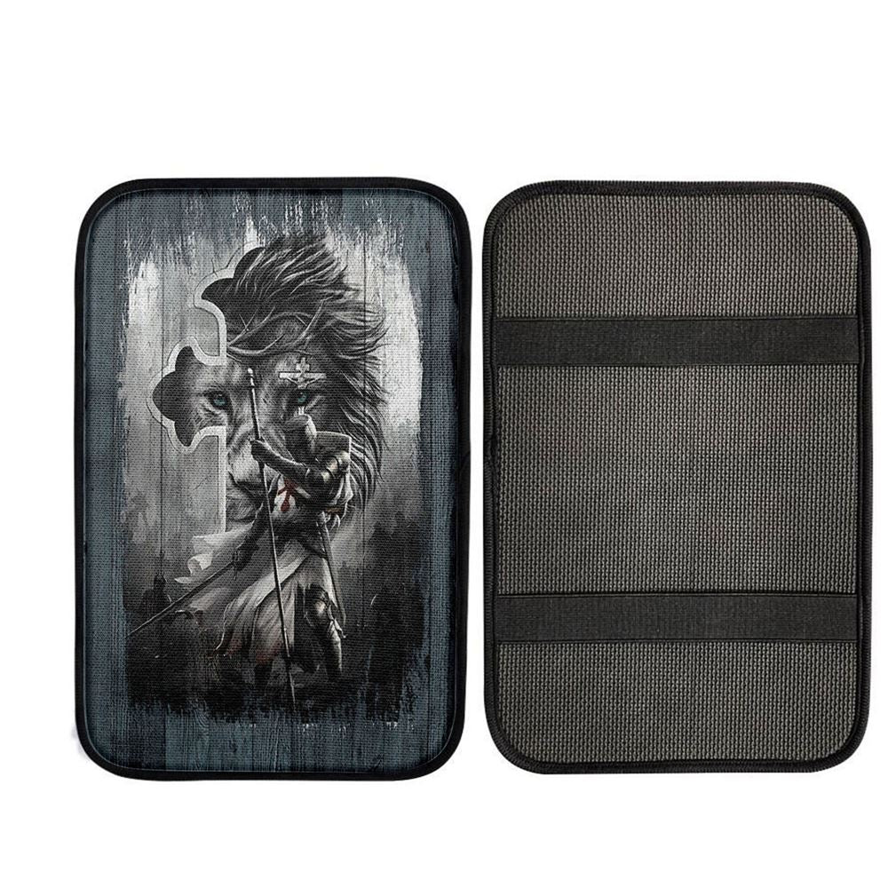 Knight Lion Of Judah And The Cross Car Armrest Pad - Lion Car Center Console Cover, Religious Car Interior Accessories