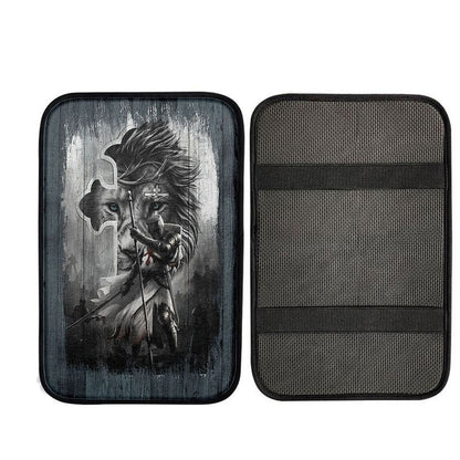 Knight Lion Of Judah And The Cross Car Armrest Pad - Lion Car Center Console Cover, Religious Car Interior Accessories