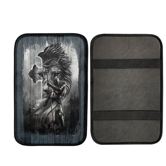 Knight Lion Of Judah And The Cross Car Armrest Pad - Lion Car Center Console Cover, Religious Car Interior Accessories