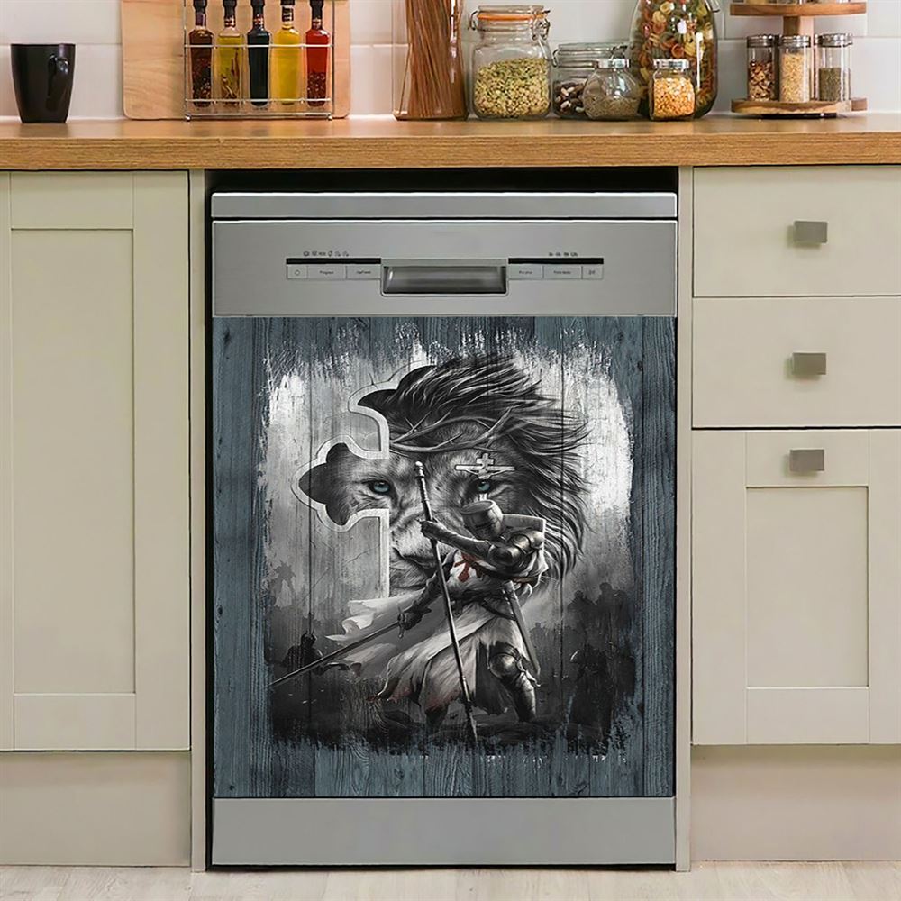 Knight Lion Of Judah And The Cross Dishwasher Cover, Lion Dishwasher Wrap, Christian Kitchen Decoration
