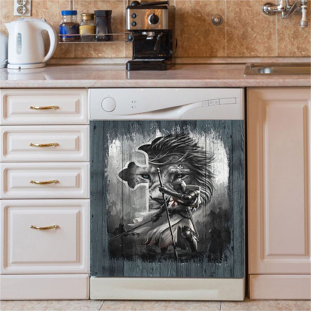 Knight Lion Of Judah And The Cross Dishwasher Cover, Lion Dishwasher Wrap, Christian Kitchen Decoration