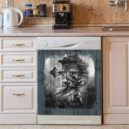 Knight Lion Of Judah And The Cross Dishwasher Cover, Lion Dishwasher Wrap, Christian Kitchen Decoration
