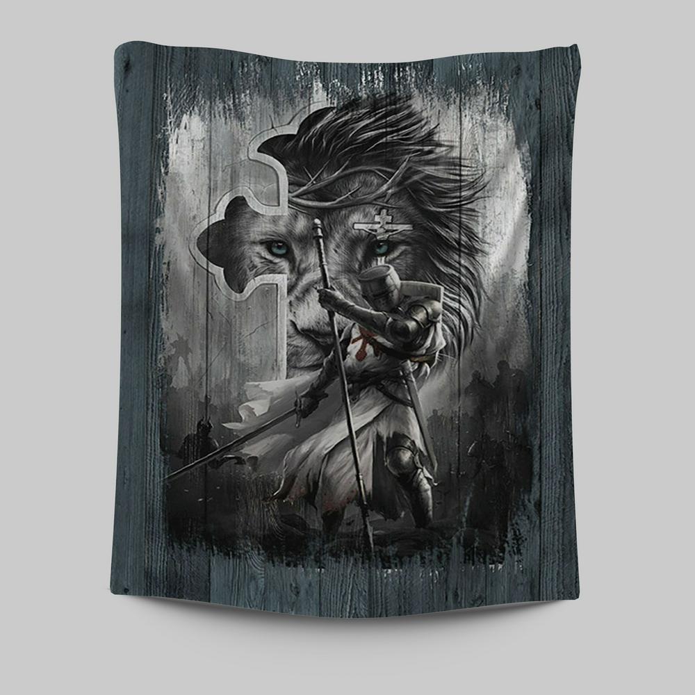 Knight Lion Of Judah And The Cross Tapestry - Lion Tapestry Print - Christian Wall Art - Religious Home Decor