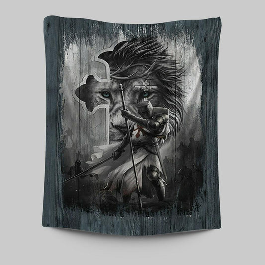 Knight Lion Of Judah And The Cross Tapestry - Lion Tapestry Print - Christian Wall Art - Religious Home Decor